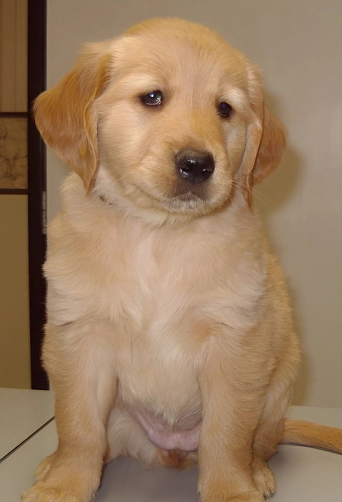 A small brown puppy sits adorably on a table